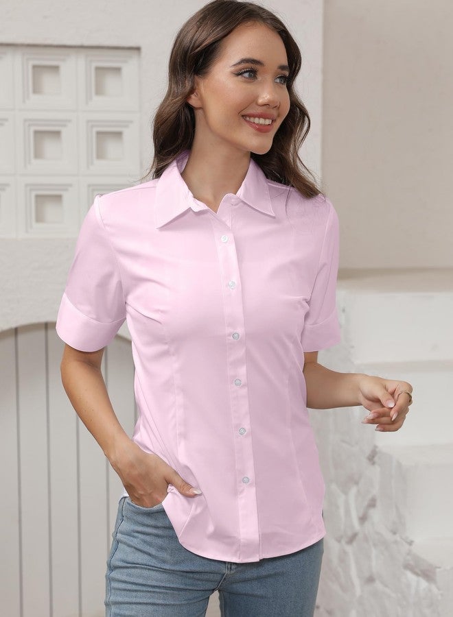 SUNNOW Womens Tailored Short Sleeve Basic Simple Button-Down Shirt with Stretch Pink - Image 2